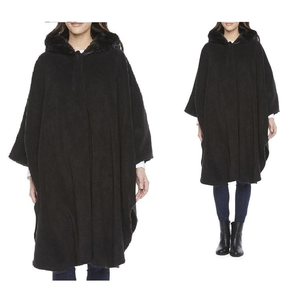 Mixit Black Fleece Hooded Poncho Faux Fur Trim One Size Outerwear Cape